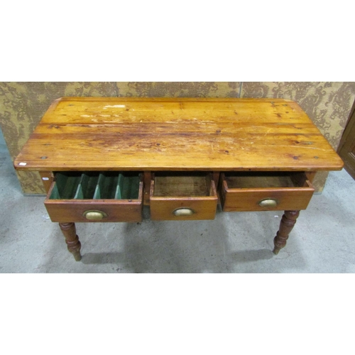 2217 - Victorian stained pine kitchen work or side table, the rectangular top with rounded corners over thr... 