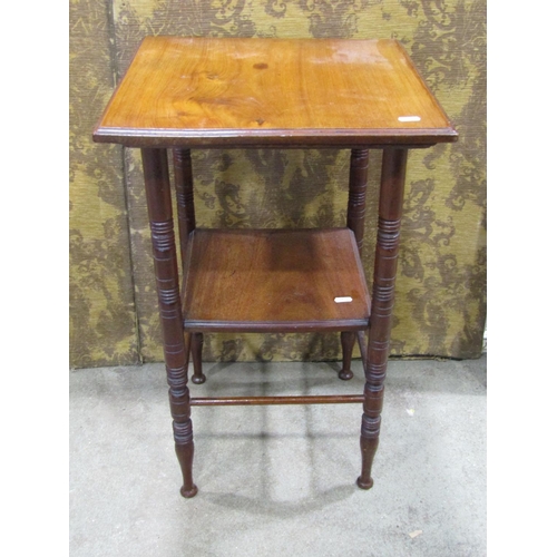 2249 - Late Victorian mahogany two tier square cut occasional table in the manner of E W Godwin, raised on ... 