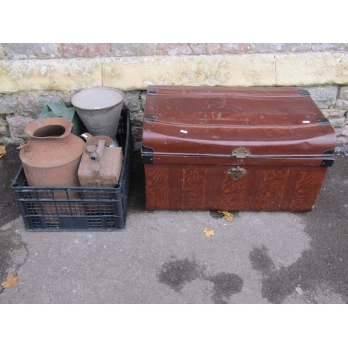 2146 - A vintage tin trunk with simulated wood grained finish, together with a small collection of vintage ... 