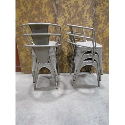 2169 - A set of six vintage style sage green painted tubular stacking aluminium chairs with pierced seats