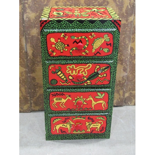 2215 - A small wooden painted four drawer chest with all over brightly painted decoration, 40cm wide x 33cm... 