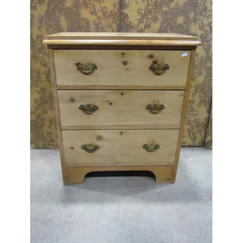 2231 - Small stripped pine chest of three drawers on bracket supports, 72cm wide x 42cm deep x 85cm high