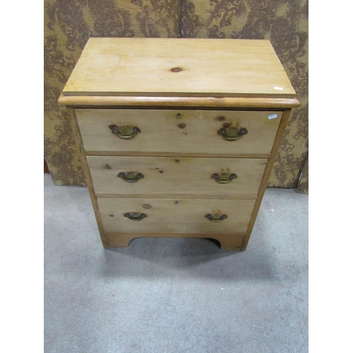 2231 - Small stripped pine chest of three drawers on bracket supports, 72cm wide x 42cm deep x 85cm high