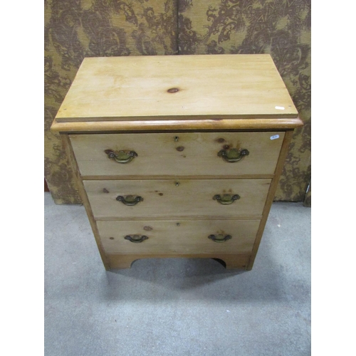 2231 - Small stripped pine chest of three drawers on bracket supports, 72cm wide x 42cm deep x 85cm high