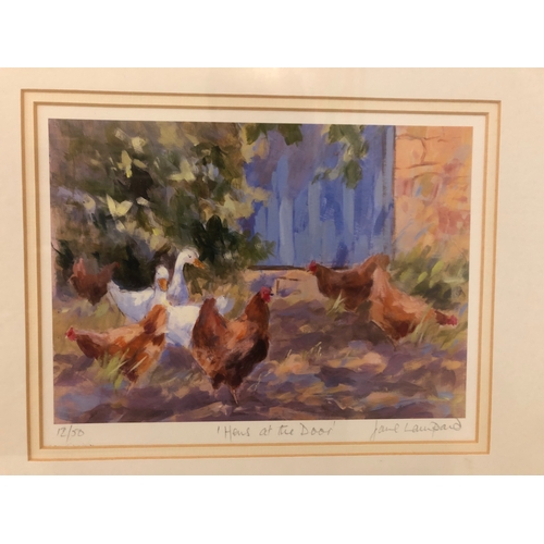 13 - Five prints by Jane Lampard, and one other by Claire Failes, to include: 'Hens at the Door' (12/50) ... 