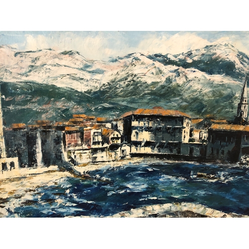 22 - 20th Century European School - Coastal town with alpine vista, oil on canvas, signed indistinctly lo... 
