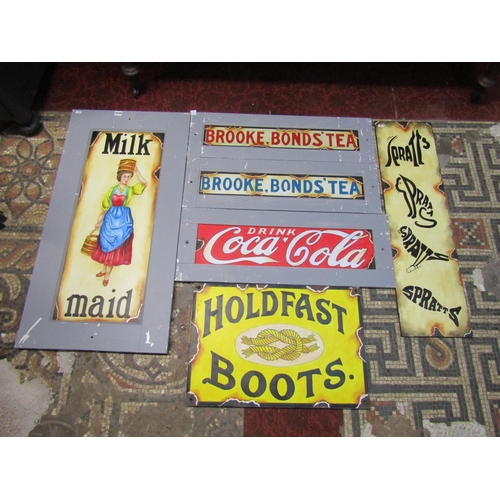 2124 - 6 hand painted on white board vintage style advertising signs of varying size - Hold fast boots, Spr... 