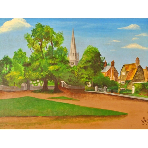 58 - Naive School, 20th Century - Two village scenes with figures and a church spire, both indistinctly s... 