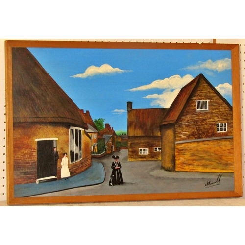 58 - Naive School, 20th Century - Two village scenes with figures and a church spire, both indistinctly s... 