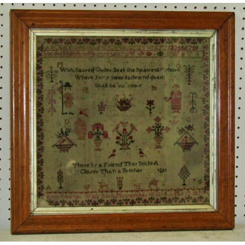 60 - George IV Needlework Sampler, by Ann Gee aged 12, dated 1827, 31 x 32 cm, in maple veneer frame with... 