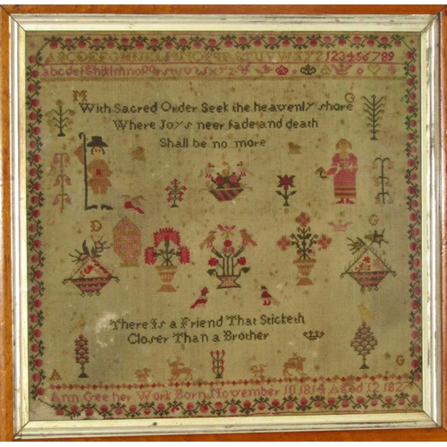 60 - George IV Needlework Sampler, by Ann Gee aged 12, dated 1827, 31 x 32 cm, in maple veneer frame with... 