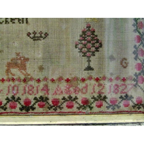 60 - George IV Needlework Sampler, by Ann Gee aged 12, dated 1827, 31 x 32 cm, in maple veneer frame with... 