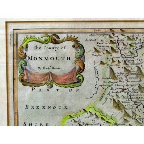 64 - Two framed maps, to include: Robert Morden (c.1650-1703) - 'The County of Monmouth', hand-coloured e... 