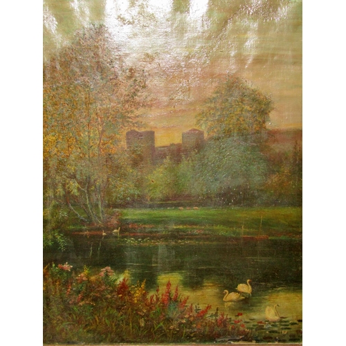 69 - British School, Early 20th Century - Sunset with swans on the water, large oil on canvas, 68 x 90 (e... 