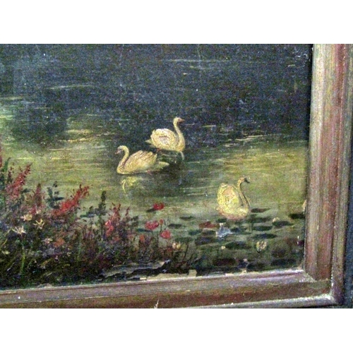 69 - British School, Early 20th Century - Sunset with swans on the water, large oil on canvas, 68 x 90 (e... 