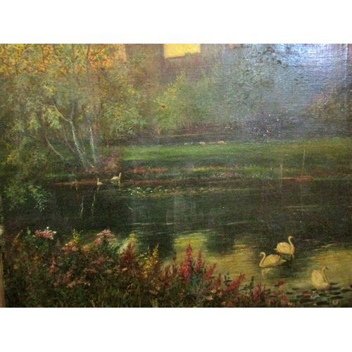 69 - British School, Early 20th Century - Sunset with swans on the water, large oil on canvas, 68 x 90 (e... 