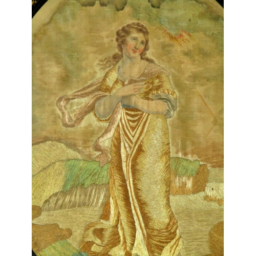 72 - 19th century silk needlework embroidery, depicting a lady standing by the coastline, with areas hand... 