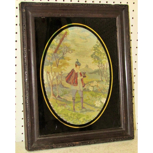 73 - 19th century needlework of a man wearing a red cloak in a rural scene, 23 x 18 cm, oval mounted in w... 