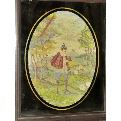 73 - 19th century needlework of a man wearing a red cloak in a rural scene, 23 x 18 cm, oval mounted in w... 