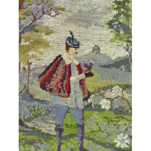 73 - 19th century needlework of a man wearing a red cloak in a rural scene, 23 x 18 cm, oval mounted in w... 