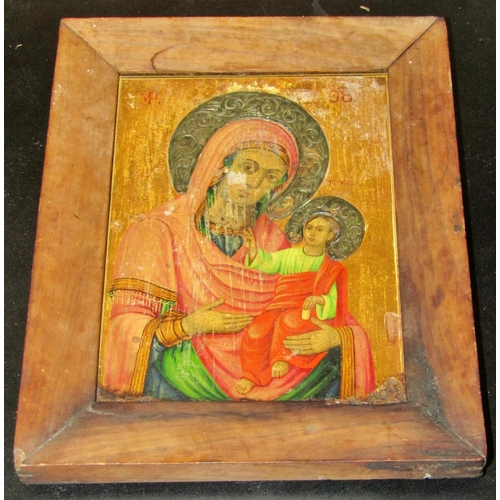 75 - 19th Century Russian icon of Madonna and Child, tempera and gilding on panel with white metal repous... 