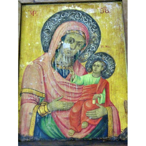 75 - 19th Century Russian icon of Madonna and Child, tempera and gilding on panel with white metal repous... 