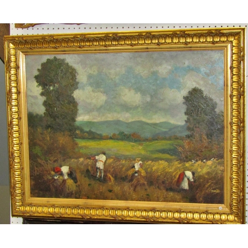 84 - European School, Late 19th-early 20th century - Workers in the Field, oil on board, indistinctly sig... 