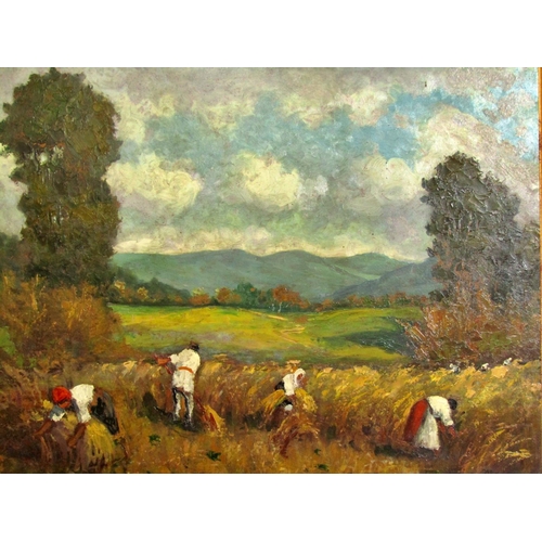 84 - European School, Late 19th-early 20th century - Workers in the Field, oil on board, indistinctly sig... 