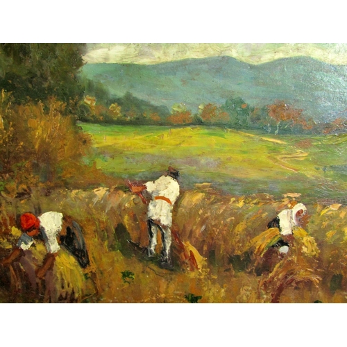 84 - European School, Late 19th-early 20th century - Workers in the Field, oil on board, indistinctly sig... 