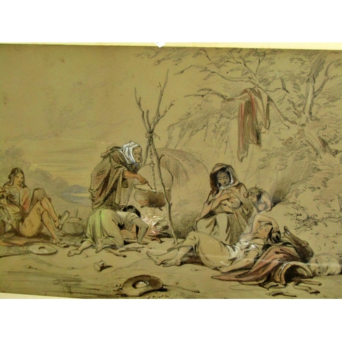 91 - Hablot Knight Browne 'Phiz' (1815-1882) - Gypsies, charcoal/conte, watercolour and bodycolour on pap... 