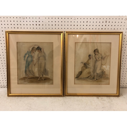 102 - Style of Angelica Kauffman - Two watercolours on paper of ladies in classical poses, c.1790-1810, 27... 