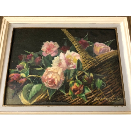 104 - Five 19th-20th century oil paintings (European School), to include: Derie Maecker - Basket of roses,... 