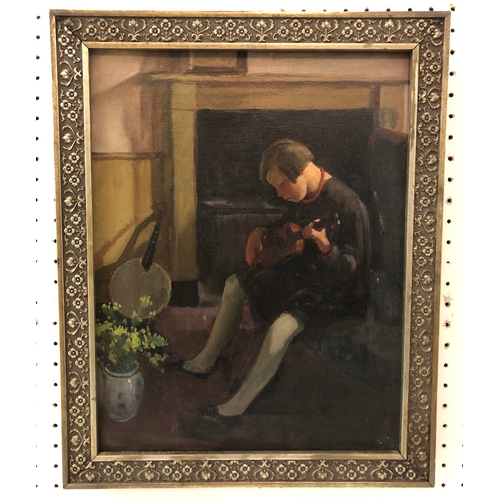 105 - 20th Century School - Girl Playing the Ukelele, oil on canvas, unsigned, 36 x 28 cm, framed