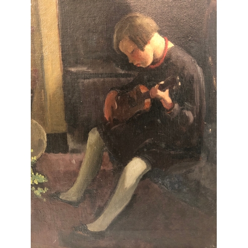 105 - 20th Century School - Girl Playing the Ukelele, oil on canvas, unsigned, 36 x 28 cm, framed