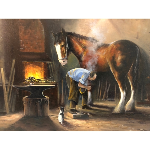 108 - Richard Blowey (b.1947) - The Farrier's Workshop, oil on canvas, signed lower left, together with or... 