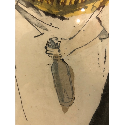 118 - S. Kirkpatrick (20th century) - Bartender opening a bottle, ink and collage on board, signed lower r... 