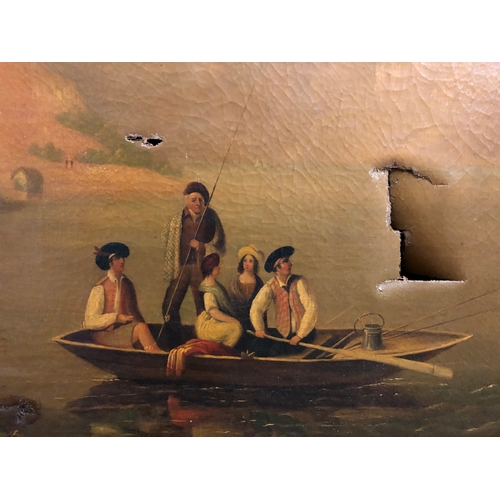 120 - Large 19th century landscape scene of figures on a rowing boat, oil on canvas, in an ornately moulde... 