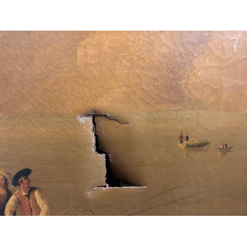 120 - Large 19th century landscape scene of figures on a rowing boat, oil on canvas, in an ornately moulde... 