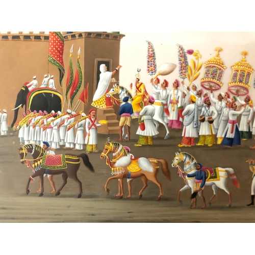 123 - Company painting c.1850, Indian ceremonial scene with figures and animals, gouache on mica, Company ... 