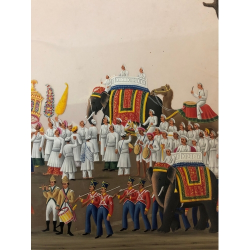 123 - Company painting c.1850, Indian ceremonial scene with figures and animals, gouache on mica, Company ... 