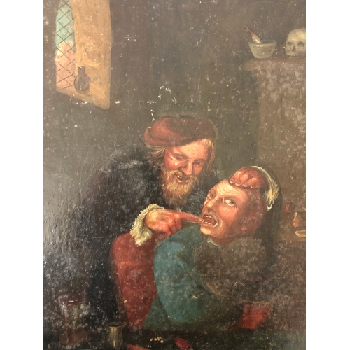 125 - 19th century European School, possibly Dutch - Dentist at work, oil on tin, unsigned, 30 x 26 cm, un... 