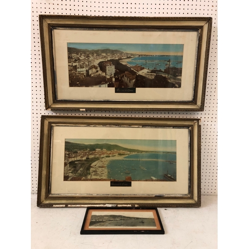 140 - Three hand-tinted panorama photographs of Cannes, two framed as a pair 42 x 78 cm (including frames)... 