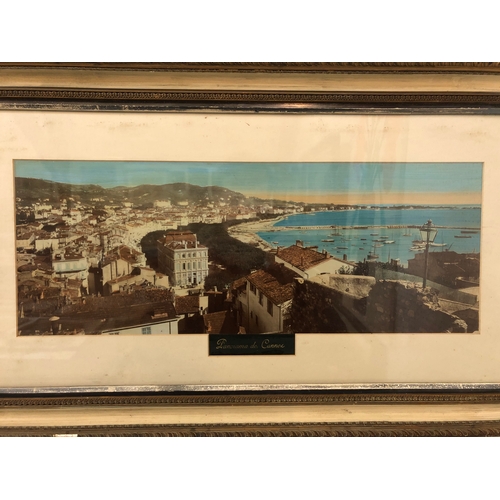 140 - Three hand-tinted panorama photographs of Cannes, two framed as a pair 42 x 78 cm (including frames)... 