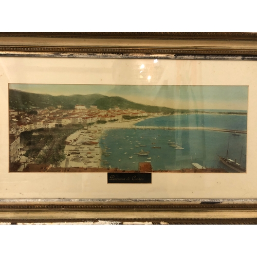 140 - Three hand-tinted panorama photographs of Cannes, two framed as a pair 42 x 78 cm (including frames)... 