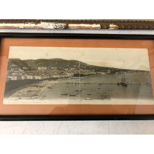 140 - Three hand-tinted panorama photographs of Cannes, two framed as a pair 42 x 78 cm (including frames)... 