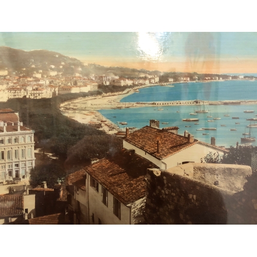 140 - Three hand-tinted panorama photographs of Cannes, two framed as a pair 42 x 78 cm (including frames)... 