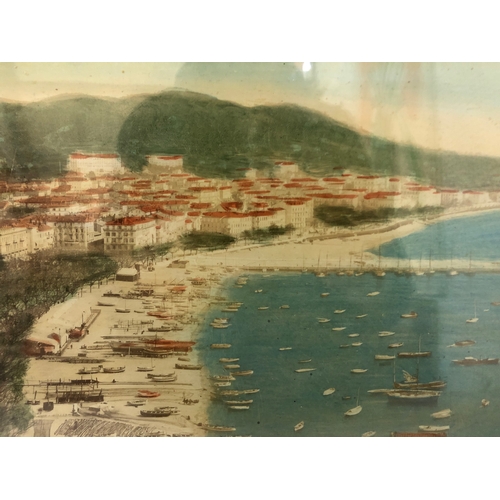 140 - Three hand-tinted panorama photographs of Cannes, two framed as a pair 42 x 78 cm (including frames)... 