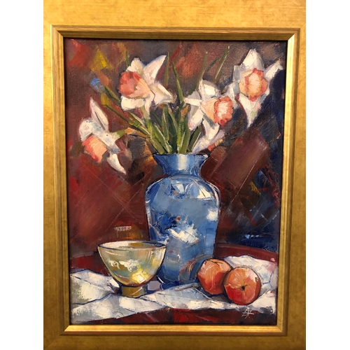 142 - Seven prints and paintings to include: Douglas Hutton - 'Blue Vase Still Life', oil on linen, 38 x 2... 