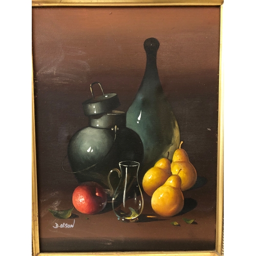 144 - Four 20th century oil paintings, including: D. Olson - still life with fruit and vessels, 40 x 29 cm... 