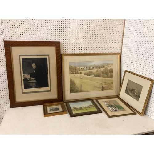 146 - (Local Interest) Six framed paintings and prints, to include: print of Isambard Brunel in solid earl... 